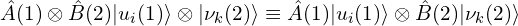 \hat{A}(1)\otimes \hat{B}(2) |u_i(1)\rangle \otimes |\nu_k(2)\rangle \equiv \hat{A}(1)|u_i(1)\rangle \otimes \hat{B}(2)|\nu_k(2)\rangle