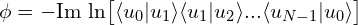 \phi = -\mathrm{Im} \ \mathrm{ln}\big[\langle u_0|u_1 \rangle \langle u_1|u_2 \rangle ... \langle u_{N-1}|u_0 \rangle \big]