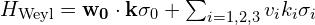 H_{\mathrm{Weyl}}=\mathbf{w_{0}}\cdot \mathbf{k} \sigma_{0}+\sum_{i=1,2,3}v_{i}k_{i} \sigma_{i}