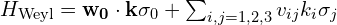 H_{\mathrm{Weyl}}=\mathbf{w_{0}}\cdot \mathbf{k} \sigma_{0}+\sum_{i,j=1,2,3}v_{ij}k_{i} \sigma_{j}