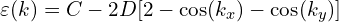 \varepsilon(k)=C-2D[2-\cos(k_x)-\cos(k_y)]