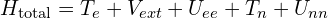 H_{ \mathrm{total}}= T_{e}+V_{ext} +U_{ee}+ T_{n}+U_{nn}