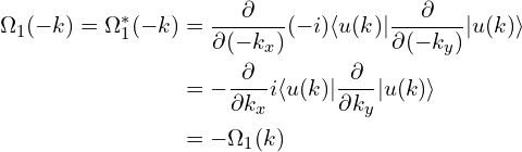 \begin{aligned}\Omega_{1}(-k})=\Omega_{1}^*(-k})&=\frac{\partial}{\partial (-k_x)} (-i)  \langle u(k) | \frac{\partial}{\partial (-k_y) } | u(k) \rangle\\&=-\frac{\partial}{\partial k_x} i  \langle u(k) | \frac{\partial}{\partial k_y } | u(k) \rangle\\&=-\Omega_{1}(k})\end{aligned}