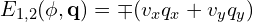 E_{1,2}(\phi,\mathbf{q})=\mp (v_{x}q_{x} + v_{y}q_{y})